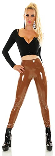 Zeralda Fashion Termobyxor för kvinnor, leggings, hög midja, leggings, våt look, lack, läderutseende, jeggings, BRUN, S/M