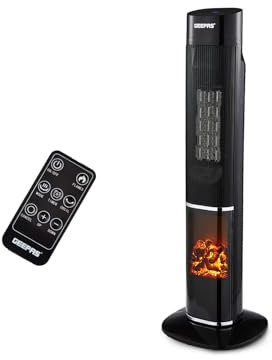 GEEPAs Oscillating Digital Tower PTC Energy Efficient Heater With 3D Flame | 2 Heat Settings Low Running Cost Ceramic Heater LED Display 24H Timer Remote Control Cool & Warm Blow Modes, Safety Cut-Off
