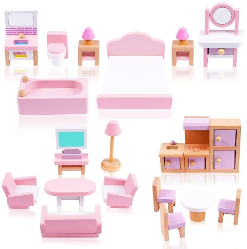 HOTUT Muebles de Casa de Conjunto de Juguetes,22pcs Muebles de Madera Casa con Muebles de Dormitorio y Accesorios de Cocina,Juegos de Muebles en Miniatura de Casa,Juguetes Casa de Habitación