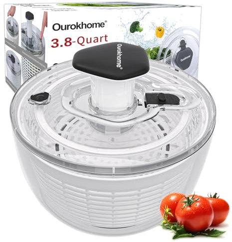 Ourokhome Salad Spinner Lettuce Dryer, One-handed Easy Press Large Vegetable Dryer Salad Mixer with Comfortable and Retractable Pusher and Brake Button for Greens, Herb, Berry, Fruits, 3.8 QT, Black