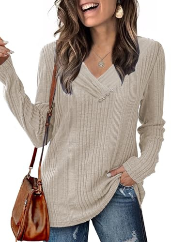 Famulily Women's V Neck Tunic Tops Long Sleeve Button Jumpers Lightweight Sweatshirt for Leggings Casual Autumn Ladies Pullover Beige XL