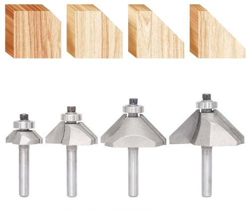 4Pcs 45 Degree Chamfer Router Bit Set,1/4 Shank, 1/4, 1/2, 3/4 and 7/8 Bevel Length, Eased Edge Cutter with Ball Bearing for Wood Profiling,Edging