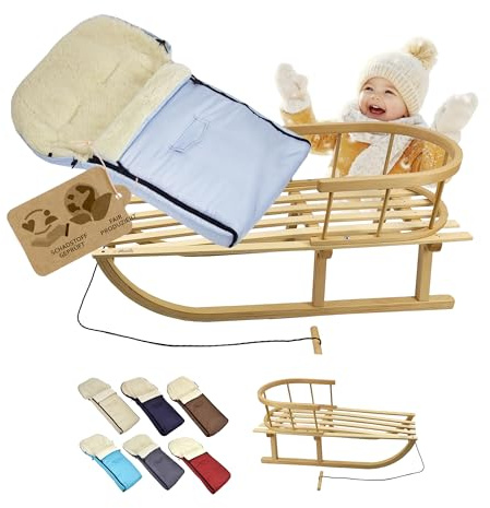 KOMBI-erbjudande träsläde med ryggstöd och dragrep universell vinteråkpåse (90 cm), lämplig för babystol, barnvagn, buggy, ull UNI (ljusblå)