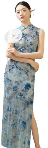 ROYAL SMEELA Cheongsam Terciopelo para Mujer Vestido Qipao Chino Mujer Vestido De Cheongsam Sin Mangas Qipao Largo Estampado Cuello Mandarín Cheongsam Qipao Tradicional China Cheongsam Sexy Azul