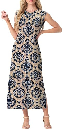 GRECERELLE Womens Summer Maxi Long Dress Casual Flower Sleeveless Crew Neck Split Hem Shift Dresses with Pocket for Ladies UK (Apricot Blue Flower, XL)