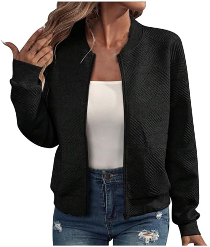 YAOJIWANG Blouson Femme Printemps Dété Vêtements de Décontractées Sport Bomber pour femme Manches Longues Montant Veste D'été légère Fermeture éclair Veste D'aviateur Blouson Couleur unie Blouse Noir
