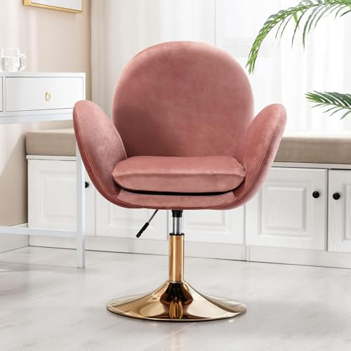DAYALANE Fauteuil Pivotant à 360° pour Chambre Moderne Fauteuil Coiffeuse Confortable en Velours Chaise Rembourré Réglable en Hauteur avec Base en Métal, Rose