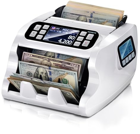 MUNBYN IMC22 Money Counter Machine Mixed Denomination, Dual-Display, CIS/UV/IR/MG Counterfeit Detection Bill Counter, USD, MXN, COP, CAD Cash Counter for Business, Merchant, 2Y Protect (White)