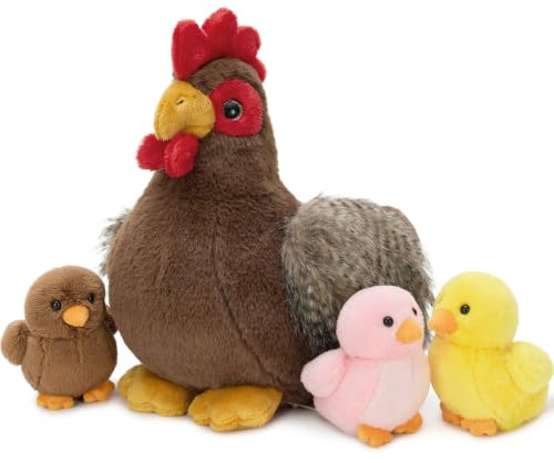 MorisMos Big Chicken Teddy Soft Toy, 30cm Mom Hen with 3 Cuddly Baby Chicks Inside, Lifelike Soft Farm Stuffed Animals Plush Cuddly, Kawaii Presents for Kids Girls Boys Birthday Party Decorations