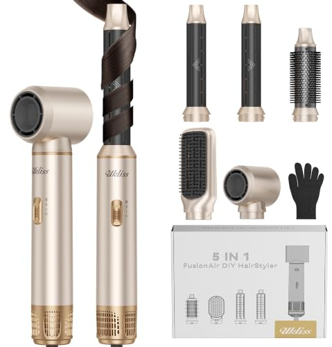 UKLISS Hårstyler 5 i 1 Air Styler Set, Hair Styler Set hårstyler | 1000 W rund borste hårtork med Air Curler, varmluftsborste, hårtork, plattborste, för torkning och styling – silver