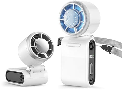 MERTTURM Ventilatore Portatile Funzione Ice Cooling a 16℃, 100 Livelli di Velocità e Potente Vento da 9,9 m/s, 3-in-1 Mano/Collo/Tavolo Mini USB Ventola per Viaggi, Campeggio e All'aperto, Bianco
