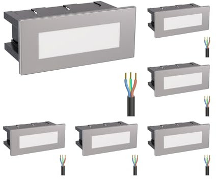 ledscom.de 6 Stück LED Treppenlicht/Wandeinbauleuchte für innen und außen, eckig, edelstahl, 123 x 60mm, warmweiß