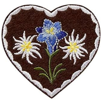 Mono-Quick Bügelbild Aufnäher Patch Applikation zum Aufbügeln Trachten Herz Edelweiß Enzian 6,0 x 6,0 cm