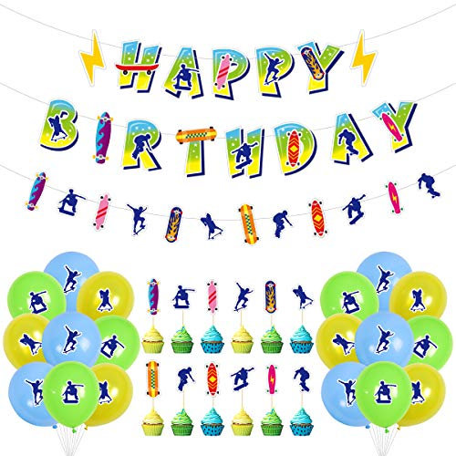 JeVenis Skateboard Geburtstagsdekoration Skateboard Theme Banner Skateboarding Geburtstagszubehör Silhouette Luftballons Skate Cake Topper Skater Cupcake Toppers