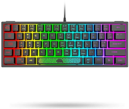 LexonElec K61 60% Compact Nero Tastiera Da Gaming Con Meccanica Sentire, 62 Tasti UK Layout QWERTY - RGB Retroilluminata - USB Cablata - 19 Tasti Anti-ghosting Ergonomico - Per PC/Mac/Laptop/Computer