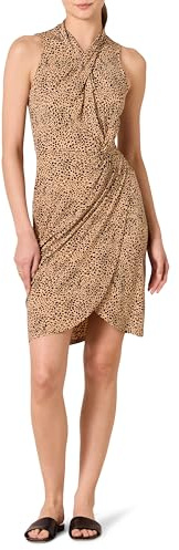 Amazon Essentials Vestito Effetto Portafoglio con Collo Ritorto e Incrocio Smanicato Donna, Cammello Chiaro Leopardata, XS