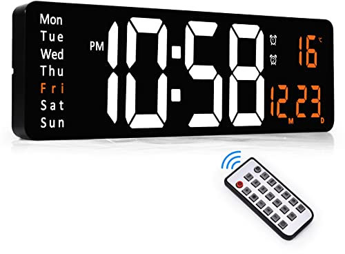 SZELAM Digitale Wanduhr groß mit Fernbedienung,Wanduhr Digital groß Temperaturanzeige/Datummit/Wecker/Automatische Helligkeit/Snooze,LED Wanduhr Schwarz Digital Uhr für wohnzimmer küche-Orange Digital