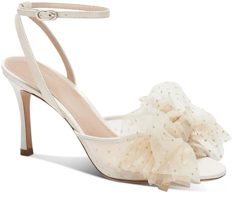 Coutgo Womens Bow Tie Heels Sandals Slingback Peep Toe Wedding Heels Mesh High Stiletto Heel Summer Cute Wedding Bridal Shoes Beige