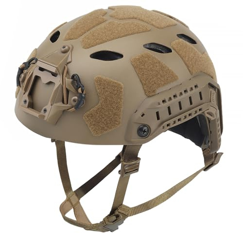 AOUTACC Lightweight Tactical Airsoft Helmet, Integrated Airsoft Helmet with NVG Mount Base, Upgrade Side Rails,Pre-Slotted Headset Strap and Other Helmet Accessories for Outdoor Sports-Tan