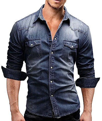 Geagodelia Camicia Casual da Uomo in Denim Camicia Jeans a Manica Lunga Elegante Maglietta in Denim Top Moda M-3XL Regalo (Blu Scuro, XXL)