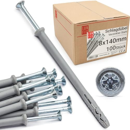 Lun Fix Schlagdübel 8,0x140mm -Nageldübel 100 Stük - Dübel Schraube - Rahmendübel - Schnellmontage Dübel - Schlagschraube - Senkkopf