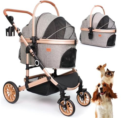 Bicystar Dog Stroller with Detachable Carrier, Rubber Wheels, 50 lbs, Grey