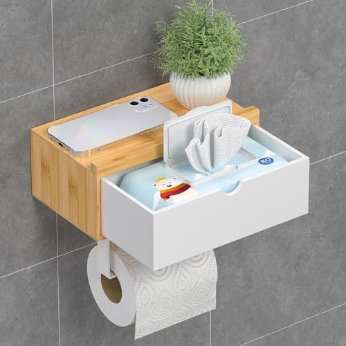 EXABANG Toilettenpapierhalter Ohne Bohren, Klopapierhalter mit Feuchttücherbox Klorollenhalter mit Ablage Bambus Papier Halterung für WC Badezimmer, Selbstklebend or Bohren Natur