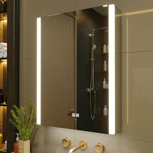 KWW LED Lighted Bathroom Medicine Cabinet with Mirror, Defogger, Dimmer, 3 Color Light Makeup Mirror, Easy to Install, Wall Mounted Medicine Cabinet without Socket & USBs (55 x 70 cm)