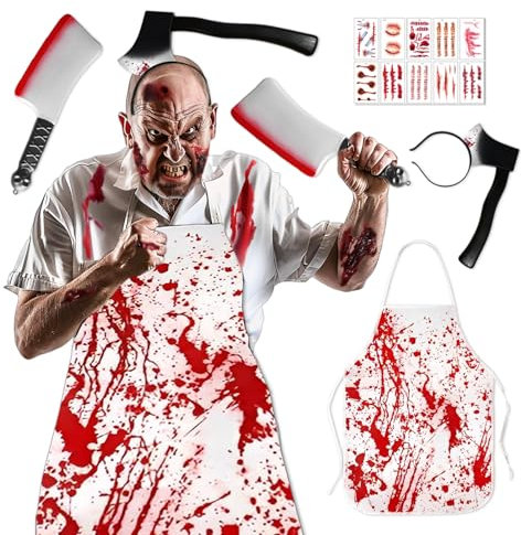 Disfraz de Carnicero HalloweeN,Delantal Ensangrentado,Diadema Cuchillo Halloween,Cuchillo de HallOween,Tatuajes Halloween Heridas,Disfraz Adulto Carnicero,Sangriento Carnicero HALLOWEEN
