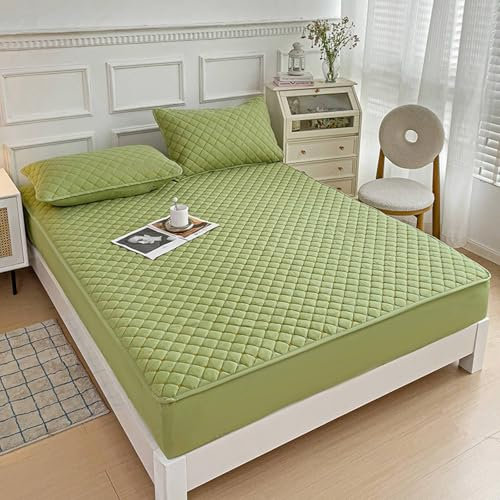 KnSam 90x200cm Betttuch Dekorativ, Kariert Spannbettlaken Einfarbig Faltenresistent und Ausbleichen, Baumwolle Tagesdecke Grün für alle Jahreszeiten