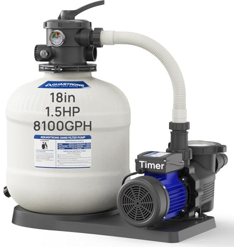 AQUASTRONG Sand Filter Pump for Above Ground Pool with Timer, Pool Pumps Above Ground, Pool Filter With 6-Way Valve, Improved Circulation and Filtration,18in, for Pools Up to 28000 GAL