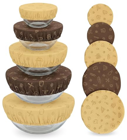 Beeswax Bowl Covers Set of 5 – Reusable Elastic Shower Caps for Sourdough Bread Proofing & Dough Rising – Washable Organic Cotton Cloth Food Storage Covers, Plastic Wrap Alternative (5.5–13)