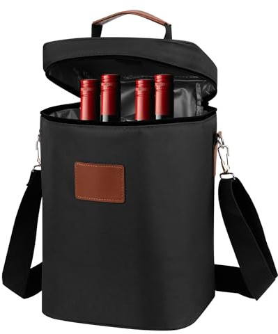 mumisuto kylväska för 4 flaskor, vinbärväska isolerad och läckagesäker vinkylväska med justerbar axelrem, bärbar flaskkylare vin kylväska för resor, picknick, camping, svart, Enkelt