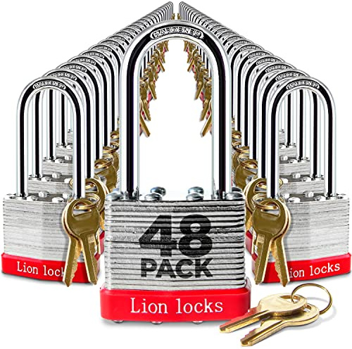 Lion Locks 48 Keyed Alike Padlocks with 2 Long Shackle, 96 Keys - Padlocks for Outdoor Use, Locks with Keys, Hardened Steel Case, Pick Resistant Brass Pin Cylinder for Hasp Latch, Locker, Gate