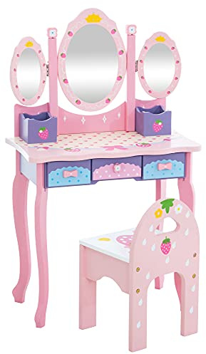 CLP Tavolo Trucco Bambina con Specchio Emilia in Legno I Centro di Bellezza Gioco Bambini con Sgabello I Toletta Bambina Trucco, Colore:Rosa