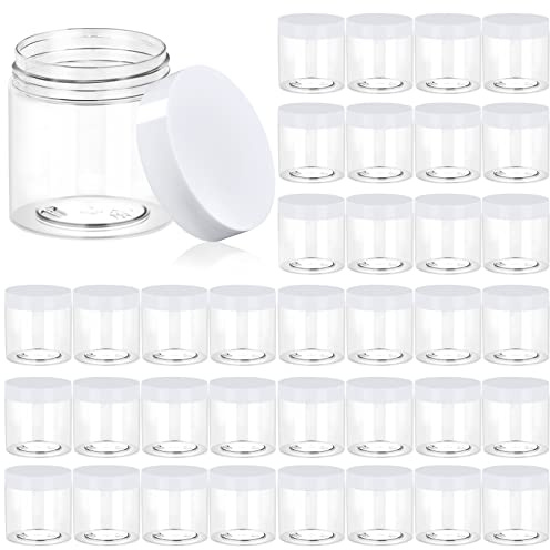 36 Pack 4 OZ Plastic Jars Round Clear Cosmetic Container Jars with White Lids, Eternal Moment Plastic Slime Jars for Lotion, Cream, Ointments, Makeup, Eye shadow, Samples, Potravel Storage