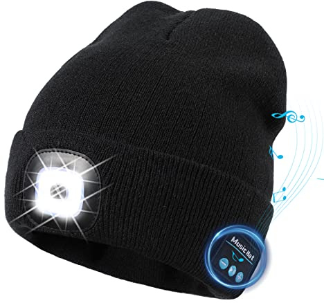 TAGVO Gorro Bluetooth 5.0, LED Ligero, Altavoz Estéreo y Micrófono Inalámbrico Incorporados, Gorro de Música de Punto Cálido Invierno para Correr Senderismo, Regalo Navidad para Hombres Mujeres