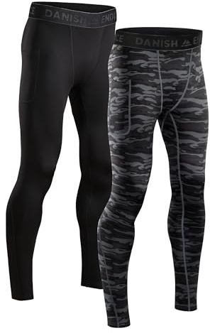 DANISH ENDURANCE 2er Pack Laufhose Herren Lang, Kompressionshose, Sportleggings mit Taschen, Mehrfarbig (1x Schwarz, 1x Grau Camo), XL