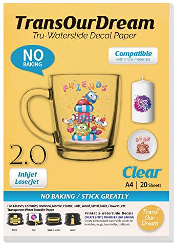 TransOurDream Waterslide Decal Paper Inkjet Clear 2.0 A4 20 Sheets Printable Water Transfer Paper for Inkjet & Laser Printer,Water Slide Decals Transparent for Mugs,Tumblers, Candles,DIY Glasses