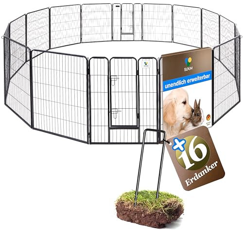 SUN-M Welpenauslauf 80cm hoch - 16 Teilig - inkl. Erdankern - Sicher, flexibel erweiterbar, werkzeugfreie Montage -BPA frei und ideal für drinnen und draußen-Welpenzaun, Welpenlaufstall,Welpengehege