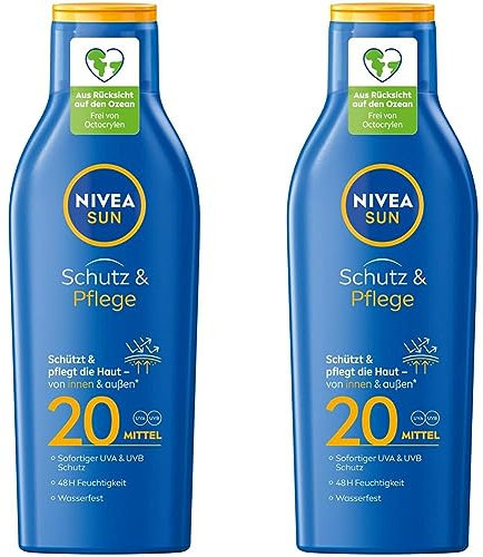 NIVEA SUN Schutz & Pflege Sonnenmilch LSF 20 (250 ml), Sonnencreme für 48h Feuchtigkeit, sofortiger Sonnenschutz mit hochwirksamem UVA/UVB-Filtersystem (Packung mit 2)