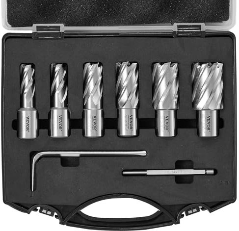 VEVOR Kronenbohrer-Set Metall 6 tlg. 1/2, 9/16, 11/16, 13/16, 15/16, 1-1/16 Zoll Kernbohrer-Satz 25,4 mm Schnitttiefe Ringschneider-Set, aus M2AL-Schnellarbeitsstahl Zubehör für Magnetbohrmaschinen