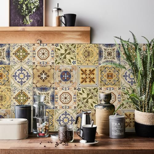 20pcs Moroccan Tile Stickers, Light Brown Kitchen Bathroom Wall Tile Stickers Peel and Stick on Tile Transfers Covers Decals Self Adhesive Vinyl Waterproof Vintage Mosaic Art (15cm x 15cm, 6x6 inches)