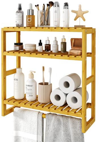 Bamworld Badezimmer Regal Badmöbel Bambus 3 Etagen Organizer Badezimmermöbel Für die Wand Platzsparend Modern （Bambus）（42x15x42cm）