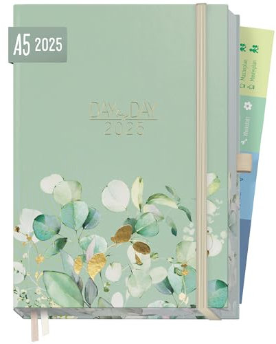 Häfft® Organizer Day by Day Deluxe 2025 A5 Minty Leaves 1 Tag 1 Seite - Tageskalender, Tagesplaner, Terminkalender, Terminplaner, Buchkalender - nachhaltig & klimafreundlich