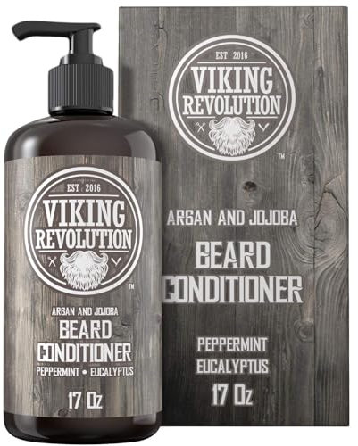Viking Revolution Beard Conditioner w/Argan & Jojoba Oils - Softens & Strengthens - Natural Peppermint and Eucalyptus Scent- Beard Conditioner w/Beard Oil (17oz Conditioner)