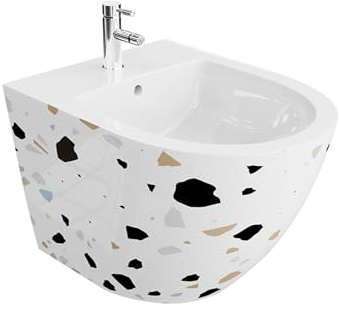 LAVITA Universell vägg-bidé soffsten med kranhål och överflödesskydd av keramik | Sitttvättställ för montering på väggen | Hygienisk och enkel skötsel | 36,5 x 49 x 32,5 cm |