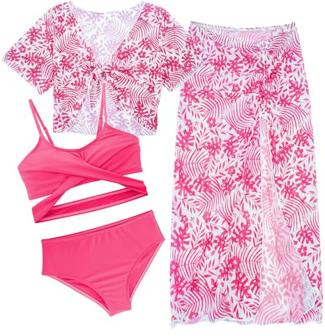 AIEOE 4-Piezas Traje de Bañador Halter Bikini Set Niñas con Floral Bohemio y Cover Up Falda Verano 10 Años Rosa B