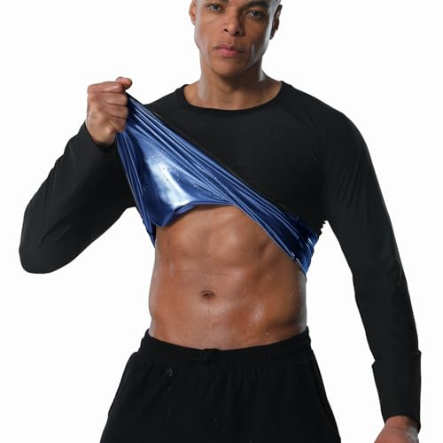 Donason Sauna Shirt for Men Long Sleeve Sweat Suit Workout Body Shaper Weight Loss Slimming Waist Trainer, Mens Heat Trapping Fitness Gym Compression T Shirts