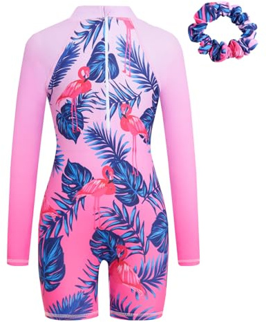 JiAmy Costume da bagno intero per ragazze, a maniche lunghe, con cerniera, protezione dai raggi UV, protezione dai raggi UV, costume da bagno a sirena, con cuffia da nuoto, per bambine dai 4 ai 12